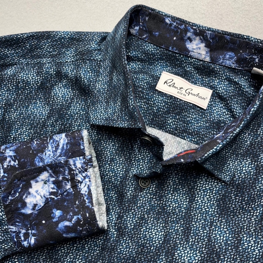 Robert Graham Mens L Blue Pattern Button Down Shirt Flip Cuff Cotton Classic Fit